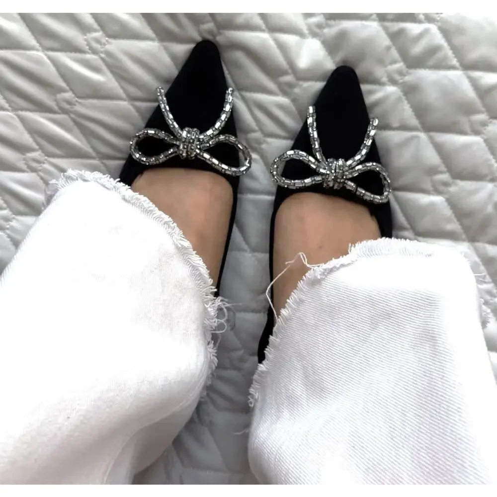 ZARA Rhinestone Bow Pointed Toe Ballet Flats NWT Black Size 7.5